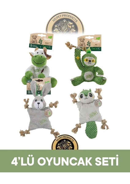 Terra Eco Ella Puppy (Inek)-Po Puppy (Tembel Hayvan)-Lulu Puppy (Tavşan)-Pip Puppy (Sincap) köpek Oyuncağı 4'lü Set
