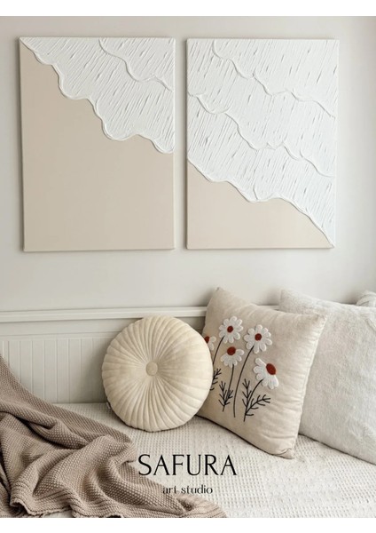 Dokulu Tablo – El Yapımı 3 Boyutlu Alçı Minimalist Dekor, Modern Iskandinav Duvar Sanatı (Dalga No:1 Krem)