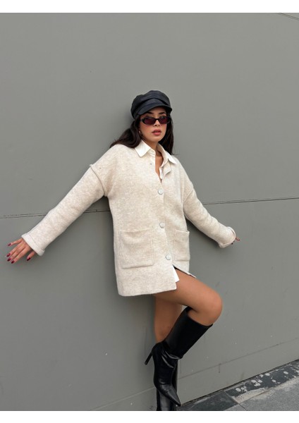 Kadın Taş Oversize Taşlı Düğmeli Cepli Uzun Hırka 38