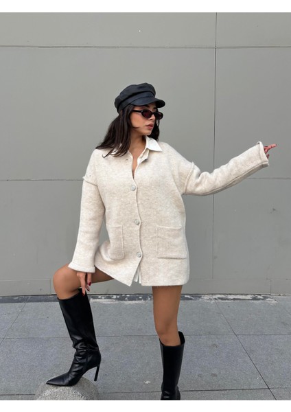 Kadın Taş Oversize Taşlı Düğmeli Cepli Uzun Hırka 38 fırsatları