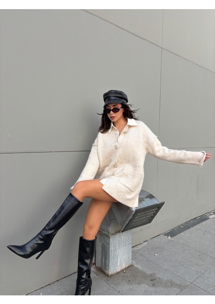 Kadın Taş Oversize Taşlı Düğmeli Cepli Uzun Hırka 38 indirimleri