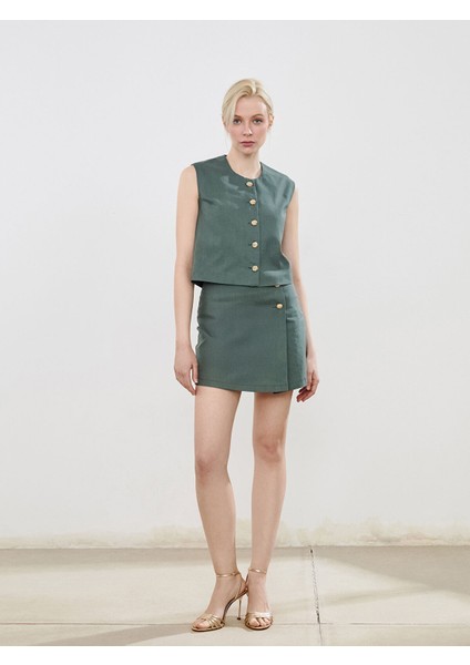 Yeni Sezon Bisiklet Yaka Keten Görünümlü Kadın Klasik Yelek