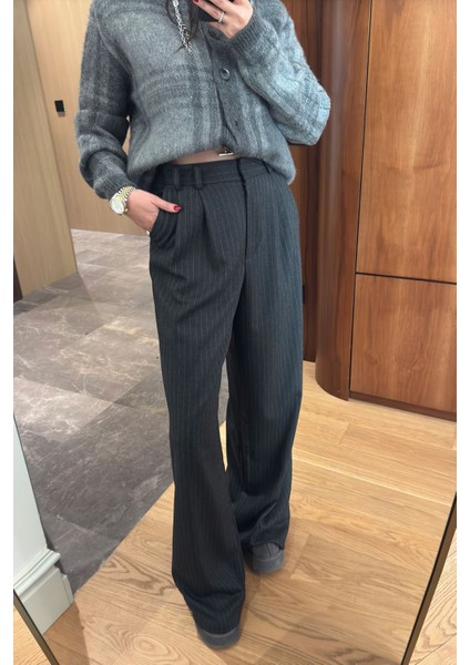 Çizgili Premium Palazzo- Antrasit