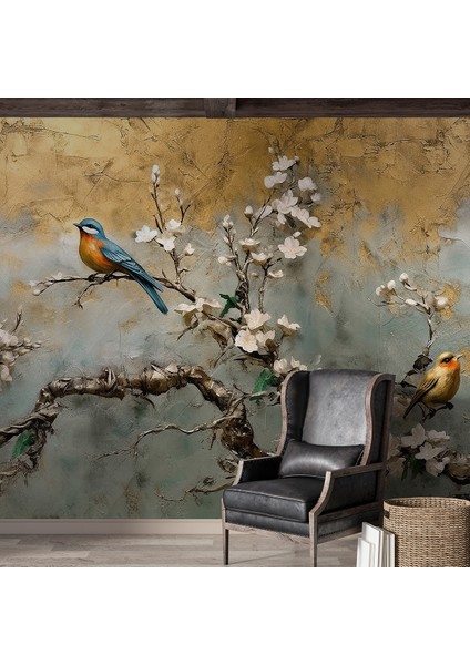 Çiçek Ağaç Kuş Motifli Yırtılmaz Duvar Kağıdı Isı ve Ses Yalıtım Özellikli