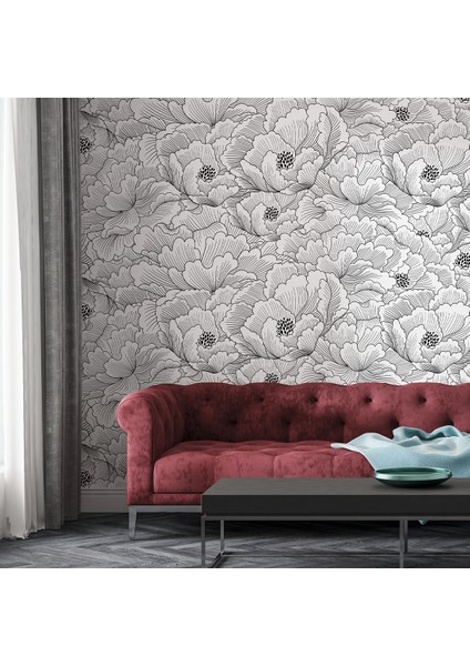 Eskiz Çiçek Motifliduvar Kağıdı -Isı ve Ses Yalıtımı Yırtılmaz