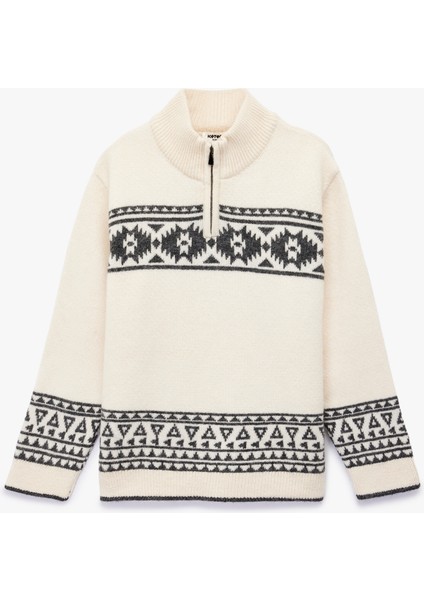 Yarım Fermuarlı Dik Yaka Uzun Kollu Triko Kazak