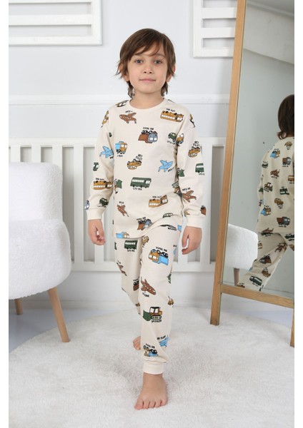 Transportation Veichle Desenli Çocuk Pijama Takımı (Alt-Üst) Bej 3-8 Yaş