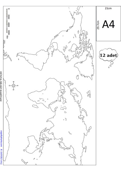 A4 Boy Dilsiz Dünya Haritası Renksiz 12 Adet