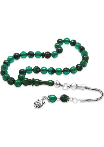 925 Ayar Gümüş Püsküllü Küre Kesim Bilek Boy Turkuaz Siyah Ateş Kehribar Tesbih