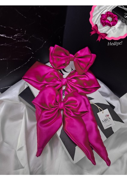 Kadın 3’lü Fiyonk Saç Tokası Seti + Scrunchie Hediyeli - Büyülü Fuşya