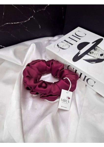 Çocuk Saten Toka - Asil Şarap – Tekli Lüks Lastik Model Scrunchie