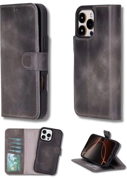 Apple iPhone 16 Pro Uyumlu, Hakiki Deri, El Yapımı, Cüzdanlı Kılıf, Gölgeli Gri indirimleri