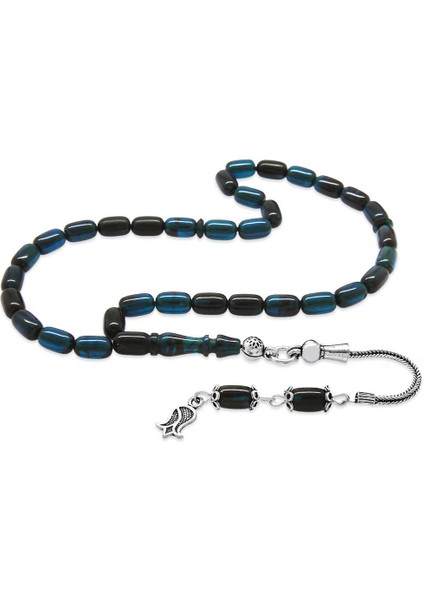 925 Ayar Gümüş Püsküllü Kapsül Kesim Mini Boy Turkuaz Siyah Ateş Kehribar Tesbih