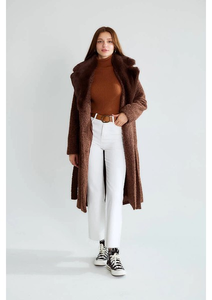 Kadın Kahverengi Bukle Kumaş Uzun Kaban Büyük Yakalı Kışlık Palto Teddy Kaban fırsatları