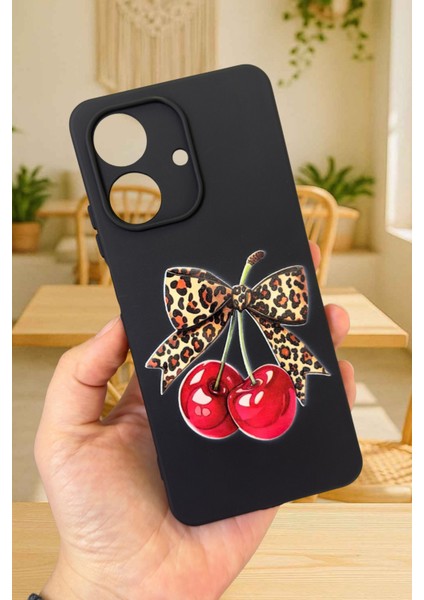 Realme Note 60 Uyumlu Kiraz Leopar Fiyonk Desenli Silikon Darbe Emici Rubber Kılıf