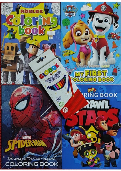 4 Adet Stickerli Boyama Kitabı 12 Li Kuru Boya Kalemi Hediyeli (BRAWLSTARS/PPATROL/ÖRMCK/ROBLOX)X17