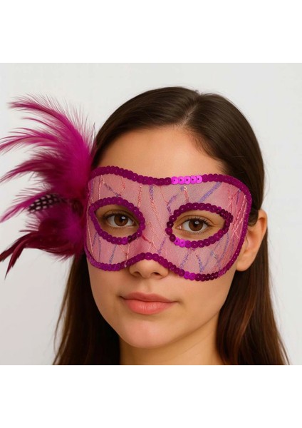 Fuşya Renk Yandan Tüylü Pul Payet Işlemeli Parti Maskesi 23X12 cm