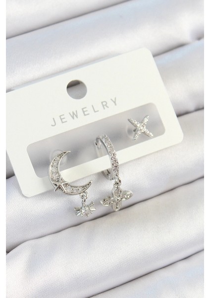 Pirinç Zirkon Taşlı Çiçek Ve Ay Model Gümüş Renk 3'lü Çift Kadın Küpe Set - TJ-BKP10804