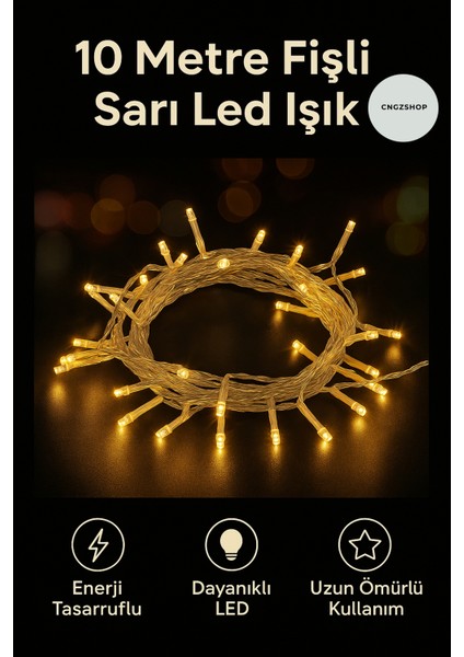 10 Metre Fişli Sarı LED Işık – Yılbaşı Noel Çam Ağacı Balkon ve Salon Dekorasyon Süsleme Ampülü
