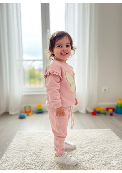 Kız Çocuk Alt Üst Takım Kolu Fırfırlı El Nakışı Kabartma Çiçek %100 Pamuk