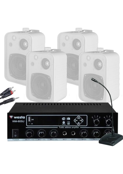 4 Adet Beyaz Hoparlörlü Bluetooth Anfi Ses Sistemi | Mağaza Ofis Kürsü Mikrofonlu Müzik Seti
