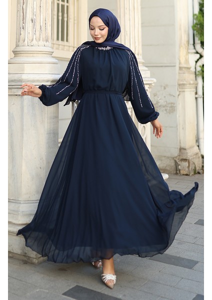 Kolu Taşlı Şifon Abiye Elbise 5804-02 Lacivert
