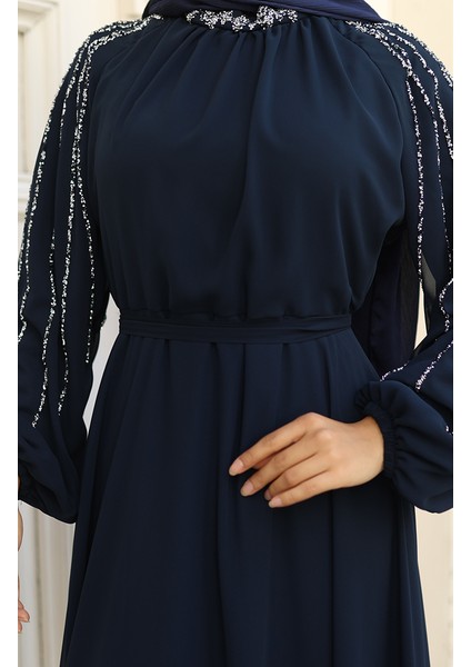 Kolu Taşlı Şifon Abiye Elbise 5804-02 Lacivert indirimleri