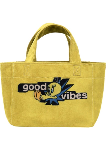 Kadın Vegan Sarı Medium Tote Bag - Warner Bros Tweety Good Vibes Only Tasarım