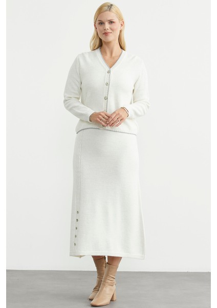 Kloş Etek Hırka Triko Takım - Kemik