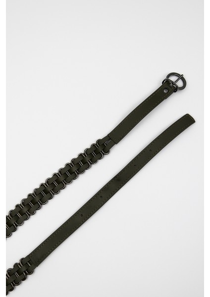 Kadın Suni Deri Zincir Örgü Detaylı Kemer – Metal Halkalı Şık ve Trend Model