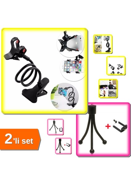 Mini Telefon Kamera Triipod + Spiral Gövdeli Oynar Başlıklı Akrobat Telefon Tutucu - 2li Set DEF456