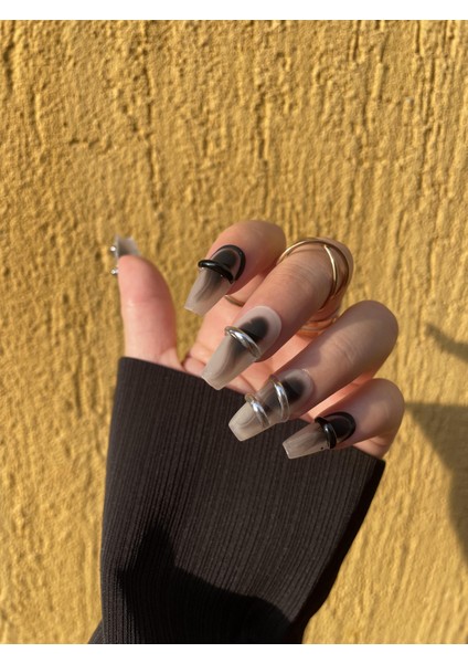 10'lu Siyah Uzun Balerin TT0949 Tekrar Kullanılabilir El Yapımı Protez Takma Tırnak - Ten Rengi-Siyah-M