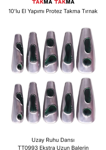 10'lu Gri Ekstra Uzun Balerin TT0993 Tekrar Kullanılabilir El Yapımı Protez Takma Tırnak - Gri-L