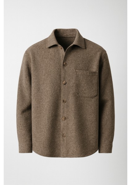 Frankel Kaşe Kumaş Tek Cepli Relaxed Fit Erkek Gömlek - Koyu Bej