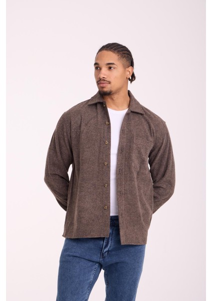 Frankel Kaşe Kumaş Tek Cepli Relaxed Fit Erkek Gömlek - Koyu Bej fırsatları