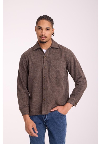 Frankel Kaşe Kumaş Tek Cepli Relaxed Fit Erkek Gömlek - Koyu Bej