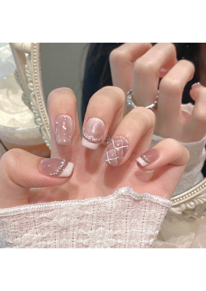 10'lu Pembe Kısa Balerin TT1129 Tekrar Kullanılabilir El Yapımı Protez Takma Tırnak - Pembe-L