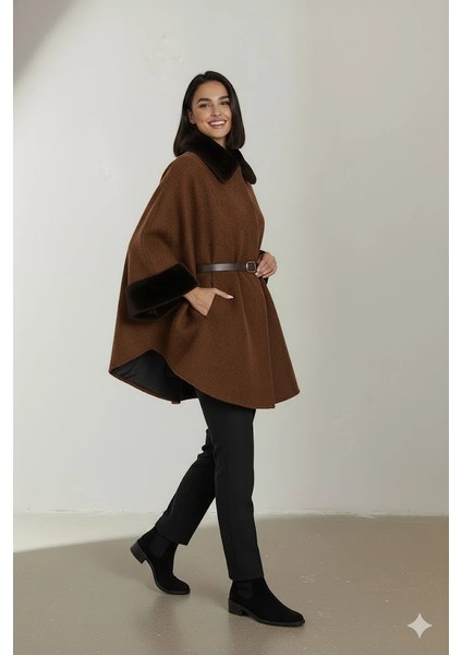 Kadın Kürk Yaka Manşet Detaylı Panço Kaban Kemerli Pelerin Ceket Kaşe