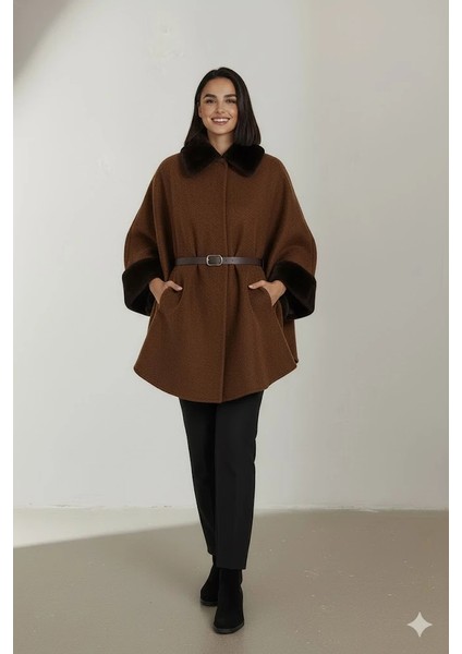 Kadın Kürk Yaka Manşet Detaylı Panço Kaban Kemerli Pelerin Ceket Kaşe fiyatları