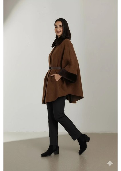 Kadın Kürk Yaka Manşet Detaylı Panço Kaban Kemerli Pelerin Ceket Kaşe modelleri