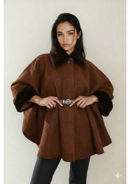 Kadın Kürk Yaka Manşet Detaylı Panço Kaban Kemerli Pelerin Ceket Kaşe fırsatları
