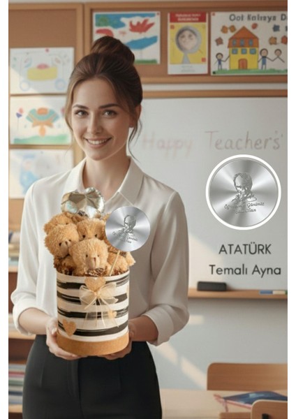 Öğretmen'e Özel : Atatürk Temalı Aynası Ile, Premium Kutuda, Kalpli Balonlu 6’lı Boz Ayıcık Buketi - Öğretmenler Günü Hediyesi