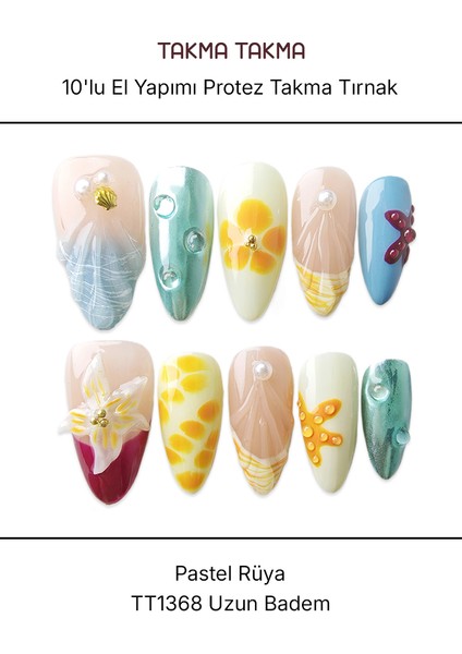 10'lu Renkli Uzun Badem TT1368 Tekrar Kullanılabilir El Yapımı Protez Takma Tırnak - Renkli-XS
