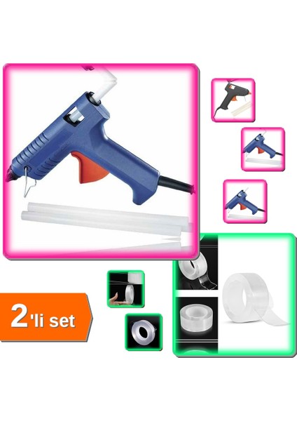 Sıcak Silikon Tabancası 6 Silikonlu + Güçlü Nano Çift Taraflı Jel Bant 2m - QPW4HT