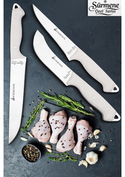 Sürmene Serisi Mutfak Bıçak Seti Yüzme Sıyırma Kasap Et Sebze Bıçağı 3 Lü Beyaz Verzalit Sap HDS-161