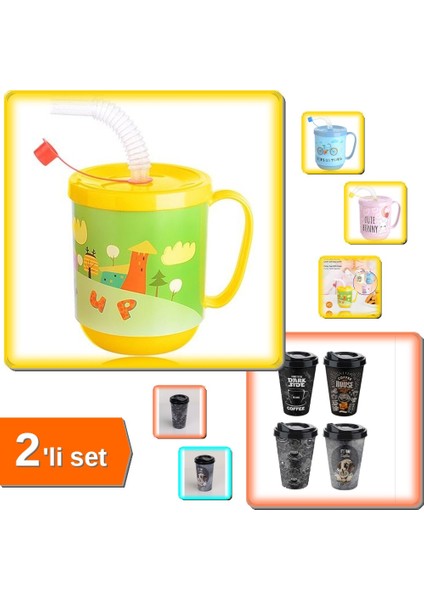 350ML Çocuk Pipetli Bardak 3 Adet + Kapaklı Desenli Kahve Kuppası Seti - K9R2LF