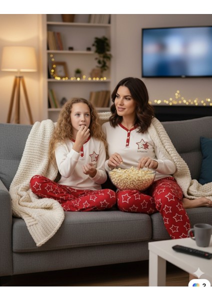 Anne Kız Pijama Takımı Interlok Kumaş %100 Pamuk Uzun Kollu Kışlık Yıldızlı Kırmızı Beyaz