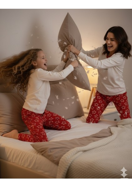 Anne Kız Pijama Takımı Interlok Kumaş %100 Pamuk Uzun Kollu Kışlık Yıldızlı Kırmızı Beyaz fırsatları