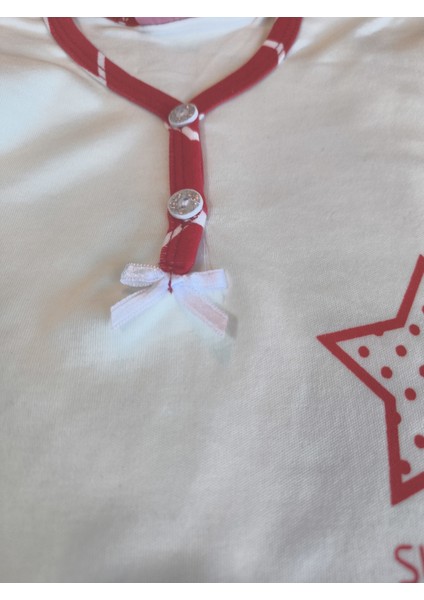 Anne Kız Pijama Takımı Interlok Kumaş %100 Pamuk Uzun Kollu Kışlık Yıldızlı Kırmızı Beyaz