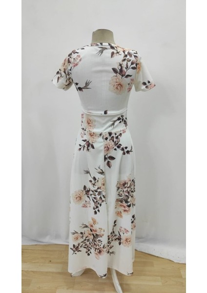 Kadın Kısa Kollu Bisiklet Yaka Puantiyeli Maksi Örme Krep Elbise